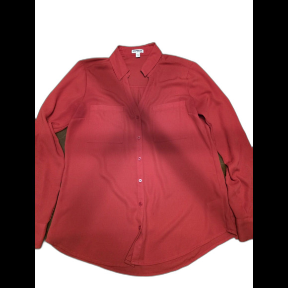 Express Women's Shirt Portofino Button Up Red V-Neck Roll Tab Blouse Top M - Picture 1 of 7